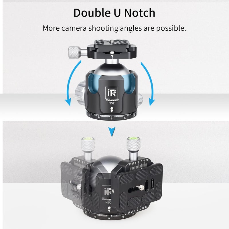 Innorel Low Profile Tripod Ball Head-INNOREL N52,Panoramic CNC Metal Camera Tripod Ball Head with Two 1/4" Screw Arca Swiss Quick Release Plates for Tripod,Monopod,DSLR,Camcorder,Max Load 66lbs/30kg - Image 4